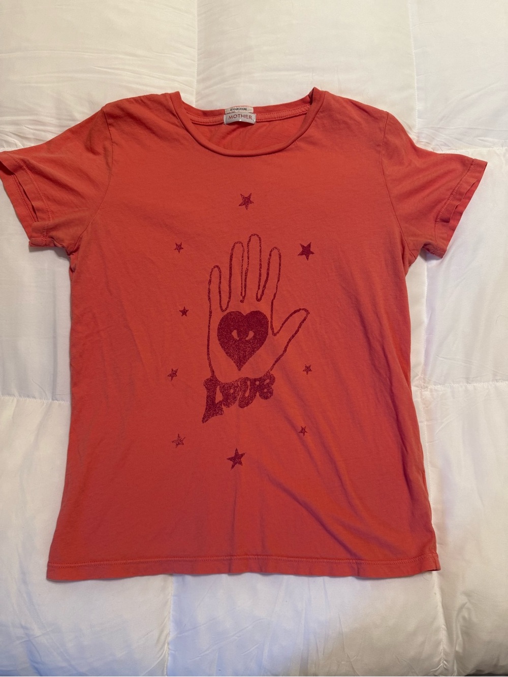 MOTHER Coral-Orange Short Sleeve Graphic Heart Hand Tee